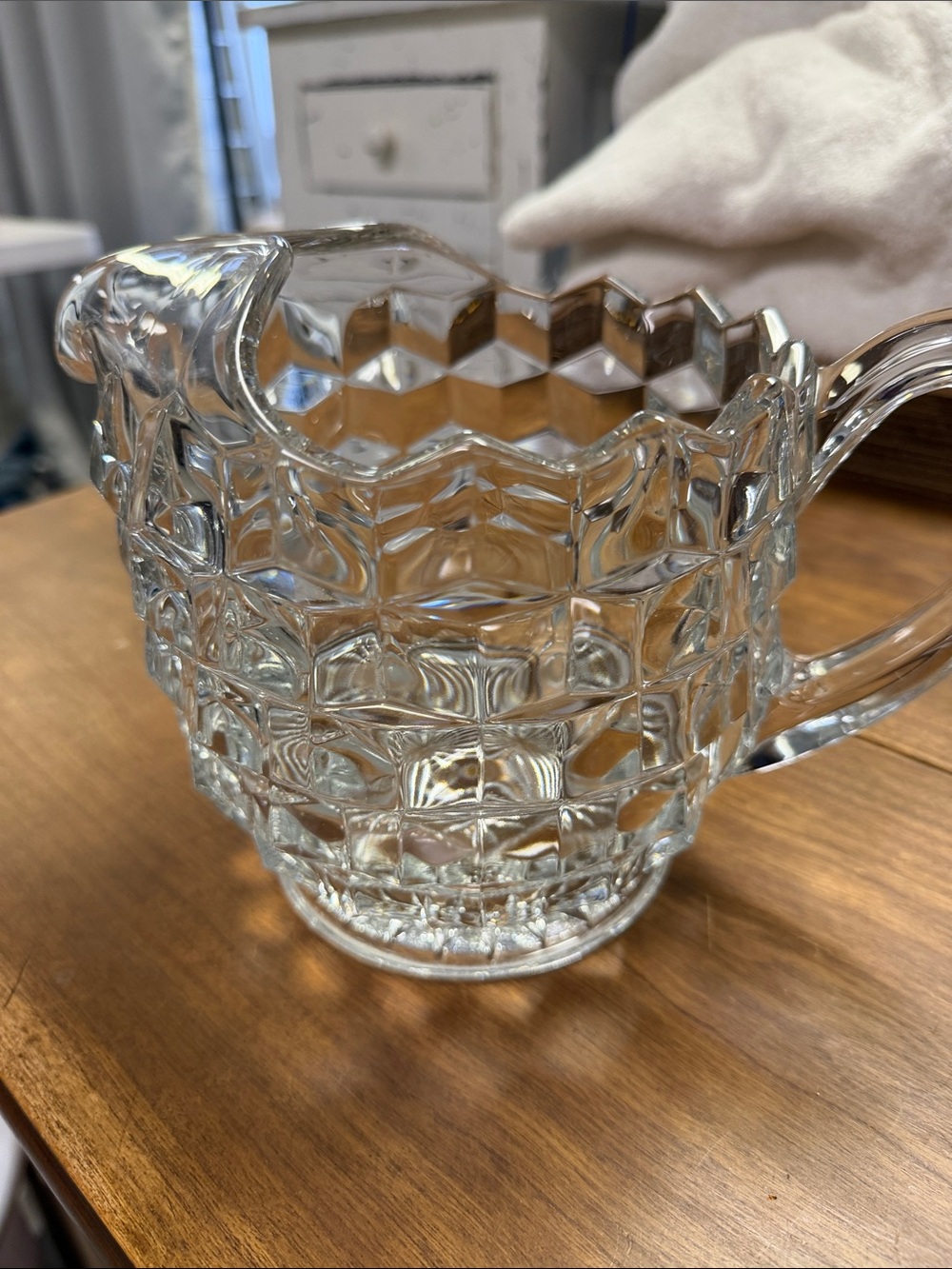 Fostoria American Cubist Clear Glass Cut-Pattern  Pitcher with Ice Lip